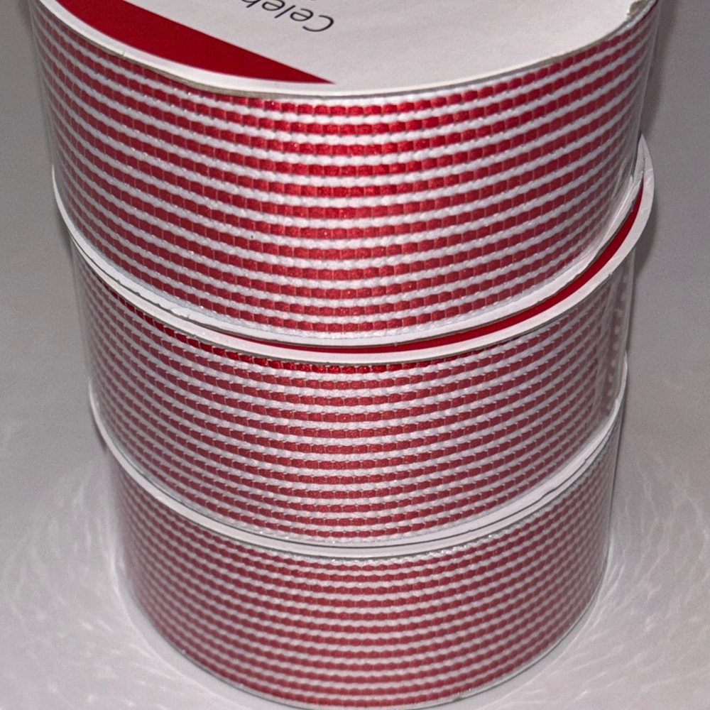 Red and White Striped Ribbon 1 1/2”X20 Ft red white silver woven ribbon Set of 3